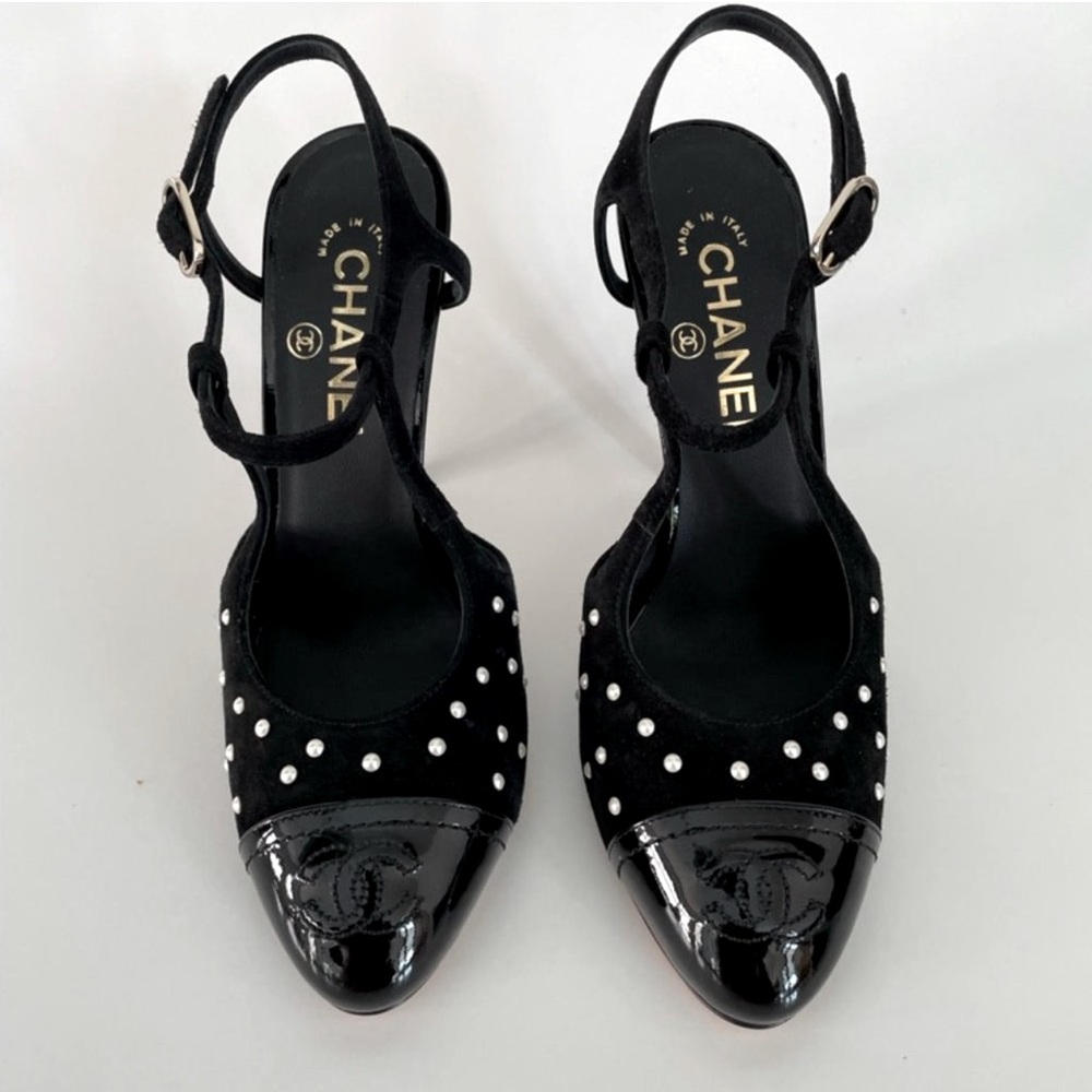 CHANEL Black Pearl Stiletto Ankle Strap Pump Size 37.5 $850
